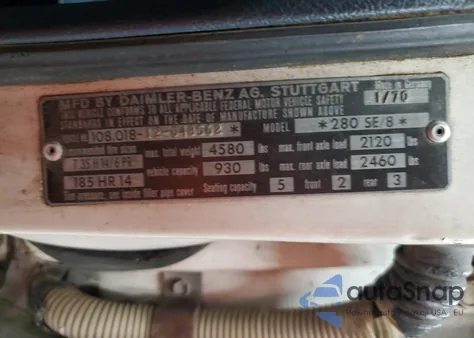 1970 Mercedes Benz 280Se z USA, uszkodzony, nr VIN 10801812048562